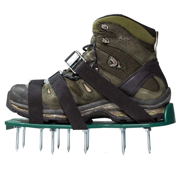 

universal seed disseminator lawn aerator shoes with metal buckles and 3 straps - heavy duty spiked sandals for aerating your lawn & yard