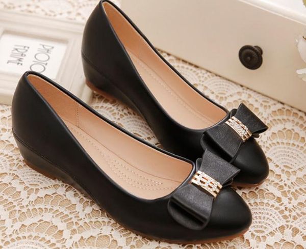 

2020 women's shoes in spring and autumn with new style slope heel round head bowknot@b110, Black