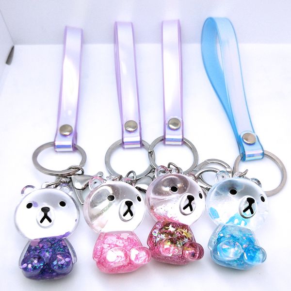 

cartoon bear acrylic key chain move glitter quicksand key fob liquid keyring backpack pendant couples women men gift keychain, Slivery;golden