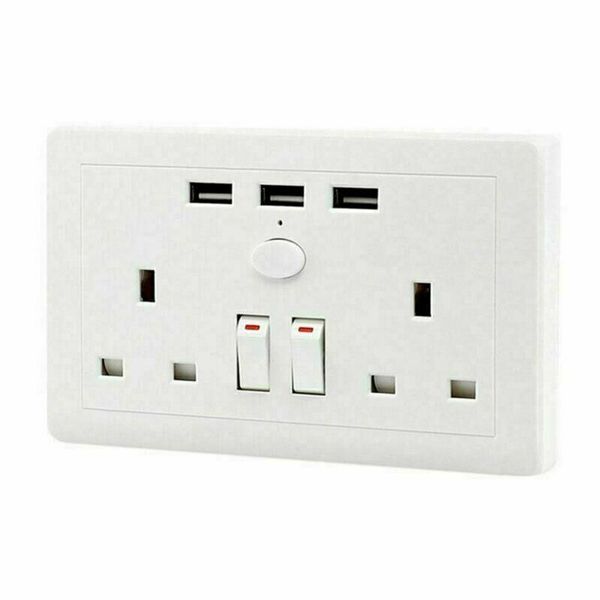 

double wall socket 2 gang plug 13a with 3 usb port charger outlets white plate