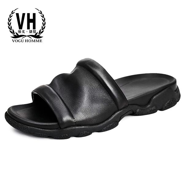 

british trend summer slippers male outdoor anti-slip genuine leather sandals breathable casual shoes cowhide, Black