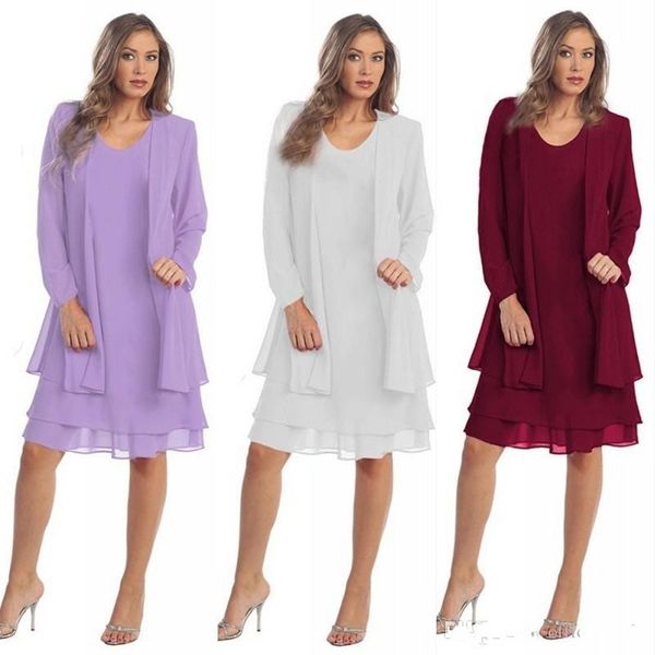 Lavendel Plus Size Mutter der Braut Bräutigam Kleider Burgund Chiffon Langarm Hochzeit Party Gast Abendkleider FS3580