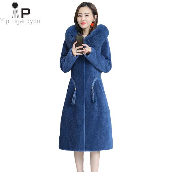 

autumn and winter new fur collar sheep sheared coat women's long hooded warm fake fur coat fashion plus size women overcoat, Black
