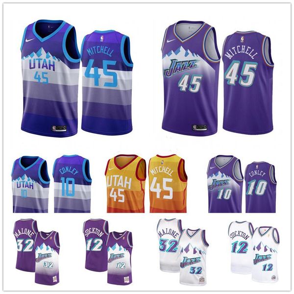 

men donovan 45 mitchell jersey mike 10 conley rudy utah jazz 27 gobert john 12 stockton karl 32 malone throwback basketball jerseys, Black;red