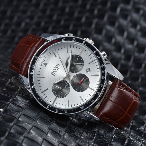 

business casual brand men's watch leather strap multifunction chronograph automatic date fashion sports quartz watch, Slivery;brown