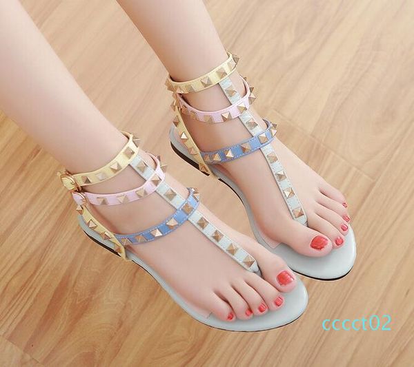 

size 34-45 rainbow color gladiator sandals women designer brand rivets flip flops t strap-sandals ankle belt roman shoes ct2, Black