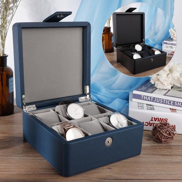 

professional pu leather practical watch storage box display organizer with ring slot wristwatch holder for men's gift i, Black;blue