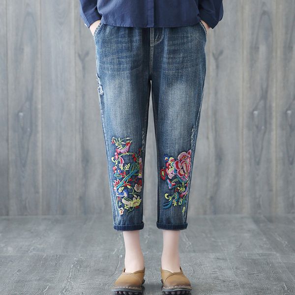 

woman embroidery harem pants literary distressed elastic waist washed denim pants jeans wind vintage loose casual denim trousers, Blue