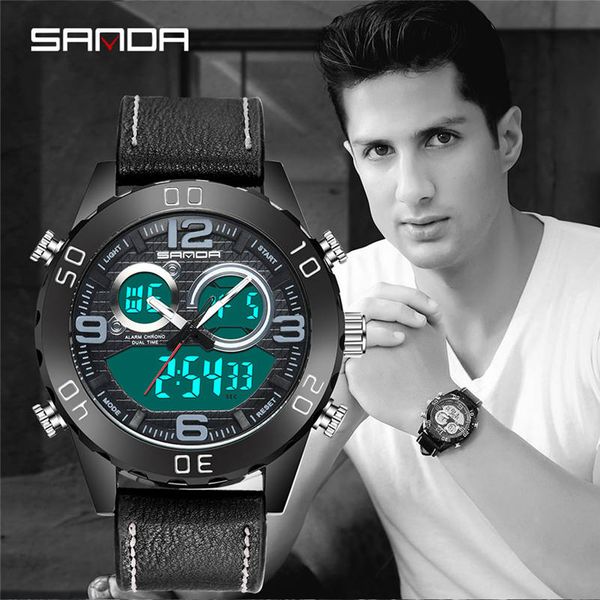 

men sports watches sanda brand sports leather band led double display men's classic fashion electronic watch montre homme 661s10, Slivery;brown