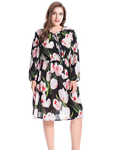 

chicwe women's plus size lily floral printed ruffled collar dress with split neckline - casual and party summer dress, Black;gray