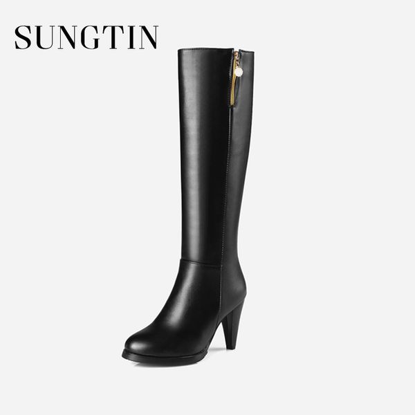 

sungtin new arrival pu leather knee high boots short plush warm women winter boots classic black high heel long plus size
