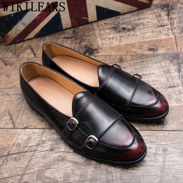 

double monk strap shoes italian brand men formal shoes leather coiffeur dress men elegant sepatu slip on pria buty meskie, Black