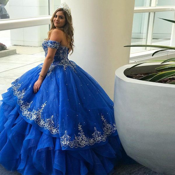 Königsblau bestickte Quinceanera-Kleider 2020, kurze Ärmel, herzförmiger Korsett-Rücken, glitzernder Tüll, Rüschen, Sweet-16-Kleid, Ballkleid