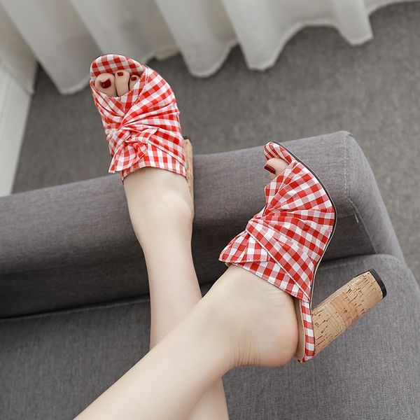 

classic european and american pastoral red plaid high heel sandals with thick trendy elegant lady slip pe, Black