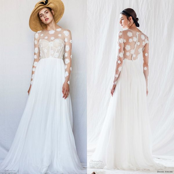 

divine atelier 2019 long sleeve wedding dresses illusion bodice flower lace chiffon bridal gowns plus size beach bohemia robe de mariÃ©e, White