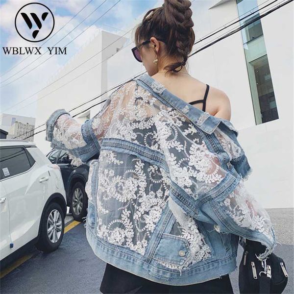 

women's jackets fashion hollow out denim jacket women embroidery lace splice jeans female washed coat loose plus size coats, Black;brown