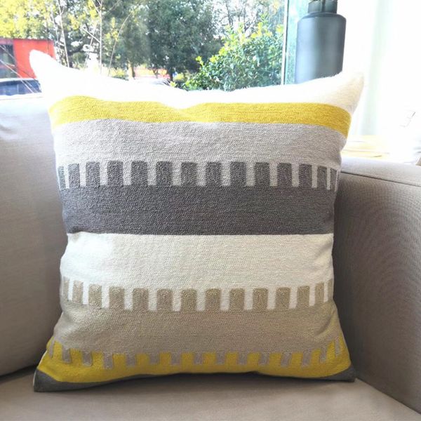 

home decor embroidered cushion cover yellow grey/white geometric floral canvas cotton square embroidery pillow cover 45x45cm