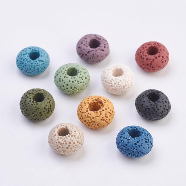 

10pcs natural lava european beads large hole bead diy jewelry necklaces bracelets making crafts dyed flat round mixed color 15mm