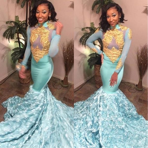 

mint blue 2019 mermaid prom dresses gold lace appliques high neck long sleeves african evening gowns 3d rose floral formal party dress