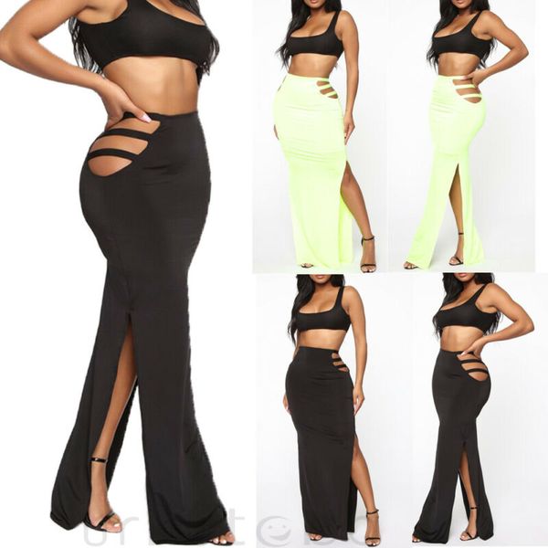 

women hollow out elastic skirts fashion ladies high waist long skirt, Black