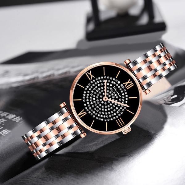 

luxury women yolako casual quartz women stainless steel full diamond analog wrist watches wristwatch clock gift doamne ceas#9, Slivery;brown