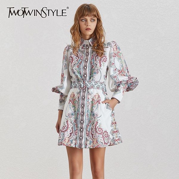 

twotwinstyle vintage print women dress lapel lantern sleeve high waist with sashes button mini dresses female fashion summer, Black;gray