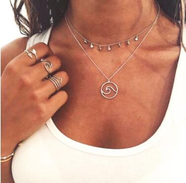 

womens creative beach wave circle chain pendant silver double layer long necklace women fashion party jewelry gift
