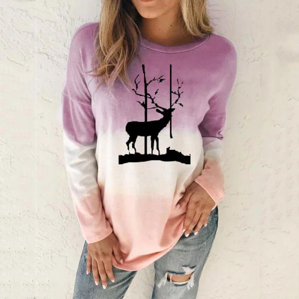 

fashion christmas deer print blouse plus size casual winter ladies tie dry female women long sleeve shirt blusas pullover, White