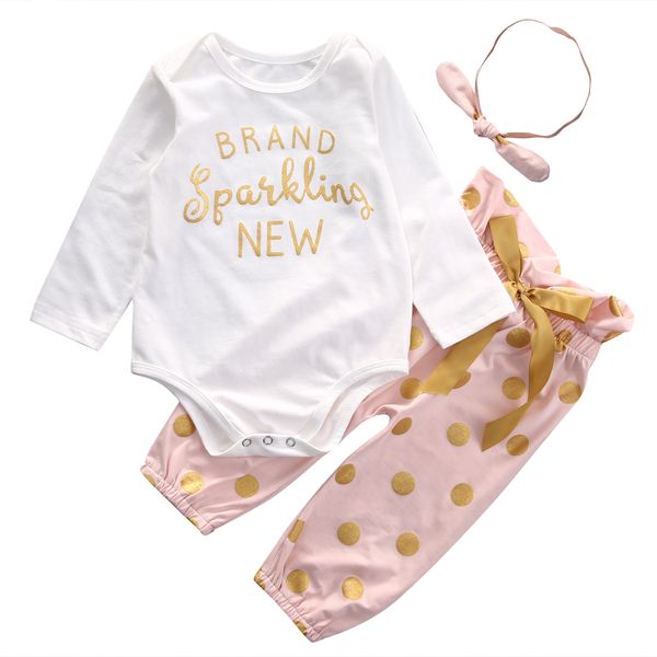 

3pcs/set newborn baby girl romper + polka dots bowtiepants leggings headband baby girl long sleeve homing outfits clothes, White