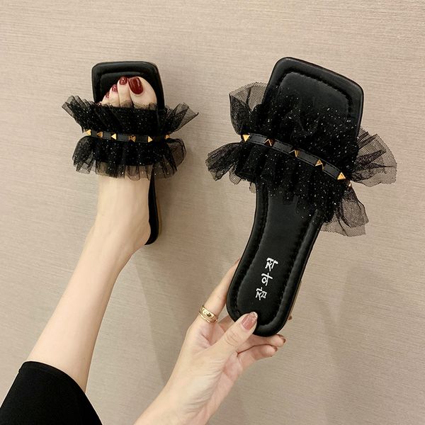 

shoes women ladies' slippers slides rivet pantofle soft flat 2020 pu fashion rubber rivet flat shoes female, Black
