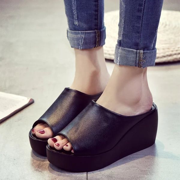 

women's summer 2020 new fashion fish mouth cool slippers versatile high heel wear comfortable slope heel flip flop, Black