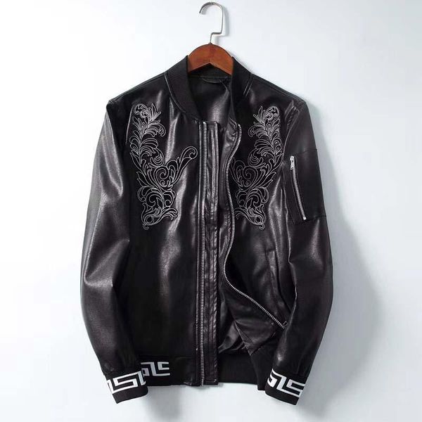 

europe and the united states tide brand new men's fashion leather jacket slim baseball collar embroidery cardigan pilot leather jacket, Black;brown