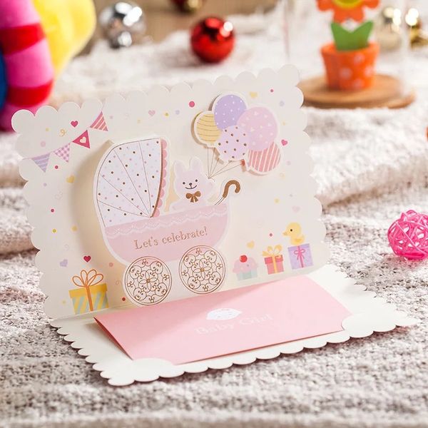 

50 pcs blue/pink laser cut baby shower invitations card 3d cute kids birthday invitation cards for girls boy party supplies