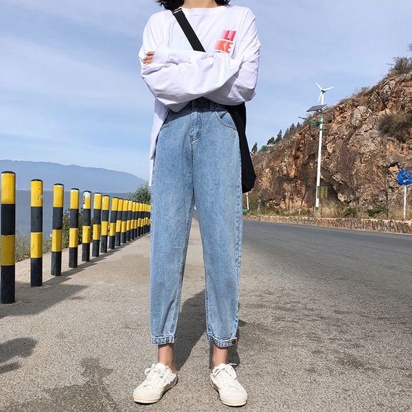 

high waist jeans women korean style stretchy fashion slim all match washed womens streetwear trousers boyfriend casual, Blue