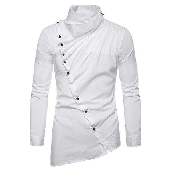 

2020 men shirt personality oblique button irregular men casual shirt clothes long sleeve casual slim fit male xxl, White;black