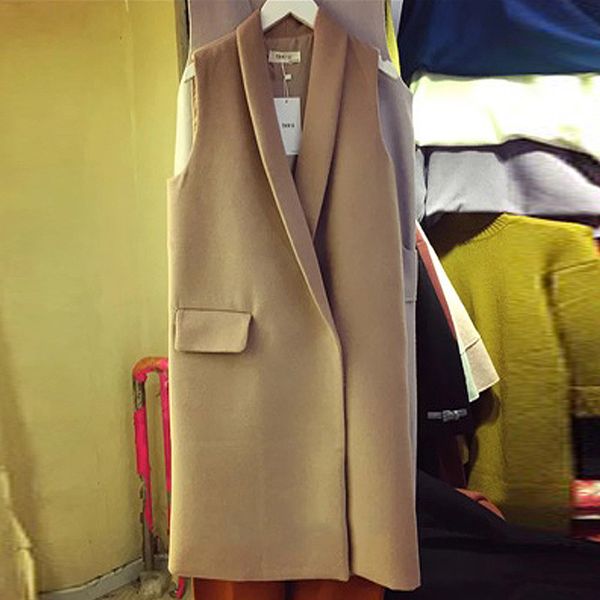 

korean autumn long suit vest women abrigo mujer elegant office ladies vest sleeveless khaki black waistcoat jacket pockets coat, Black;white