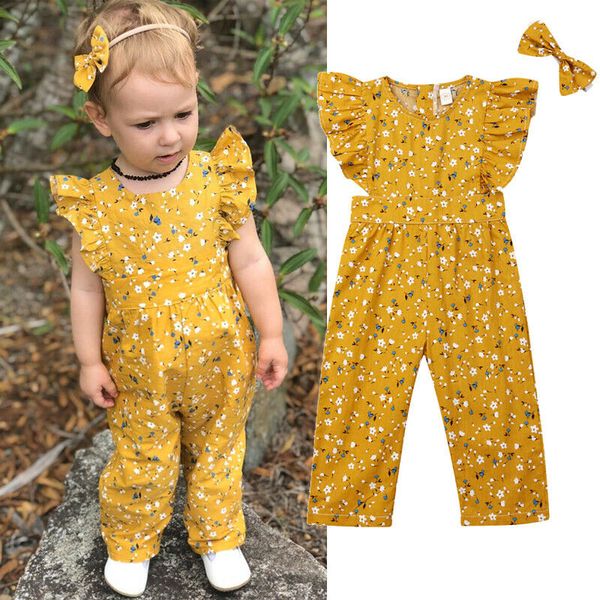 

toddler baby girls ruffle floral romper jumpsuit playsuit kids overalls for girls summer pants trousers + headband sets, Blue