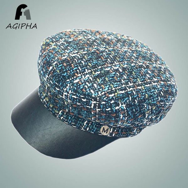 

grillwork design autumn winter octagonal hats for women casual vintage ladies beret caps female flat patchwork color hat cap, Blue;gray