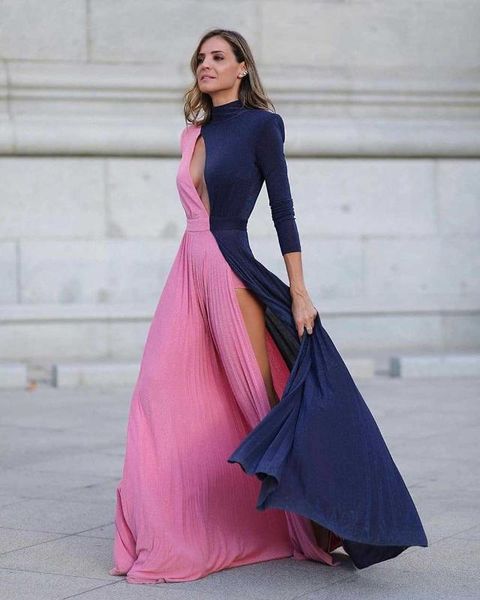 

2020 women's summer contrast color high split long dresses elegant hollowmaxi dress, Black;gray