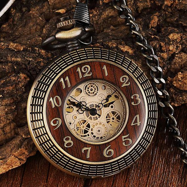 

antique mechanical pocket watch wood circle case hand-wind gold skeleton steampunk fob chain men clock reloj de madera bolsillo, Slivery;golden
