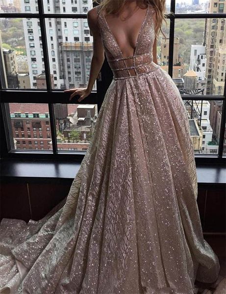 

Sparkly Rose Gold Prom Party Dresses Long Sexy V Neck Formal Evening Gowns Backless Pageant Gown Vestido De Festa, Same as image