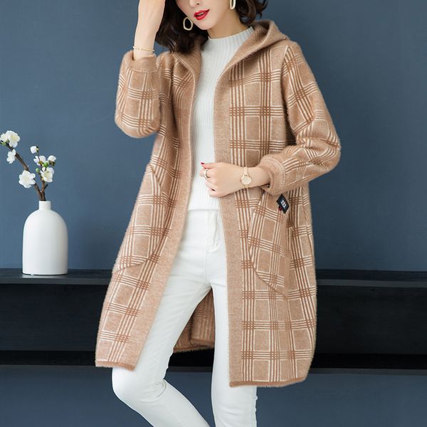 

brand coat fall winter women hooded coat new office lady hit color plaid thicken warm long open stitch female, Black