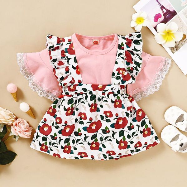 

summer cute toddler kids baby girls lace +floral print suspender skirts outfits set girl clothes dress kids clothes w10, White