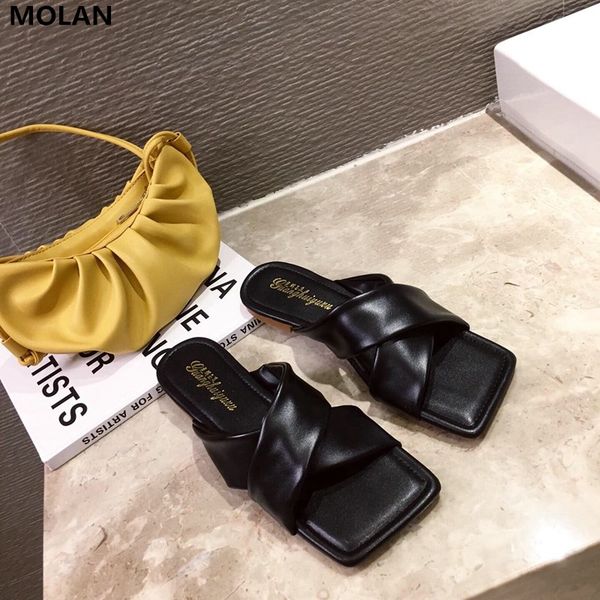 

molan designers 2020 summer good leather soft bottom square toe flat slippers mules flip flops beach shoes outside, Black