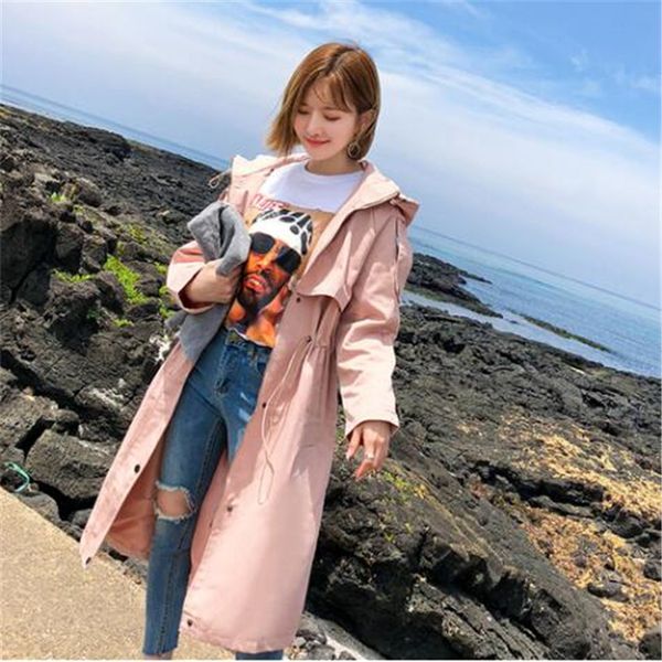

plus size long coat women autumn harajuku windbreaker 2018 new long sleeve hooded casual trench solid fashion female overcoat, Tan;black