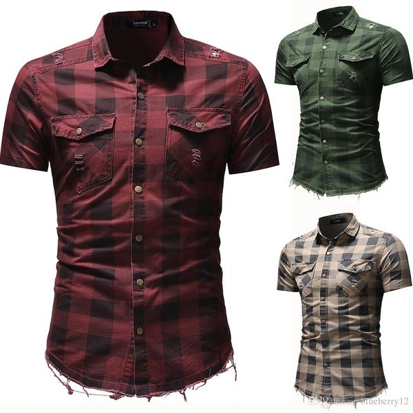 

men plaid shirts short sleeve slim fit turn down collar shirts with pockets 3 colors summer ripped denim shirt plus size, White;black