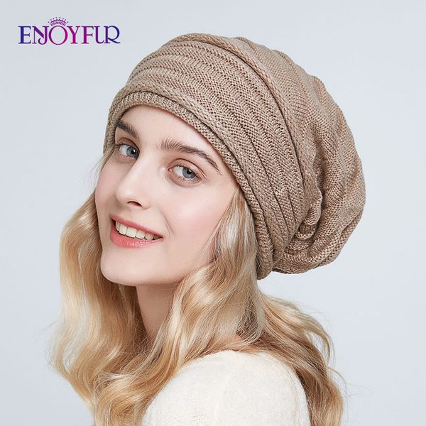 

enjoyfur women winter knit hats casual slouchy beanies soft oversized warm lining lady caps 2019 new fashion, Blue;gray