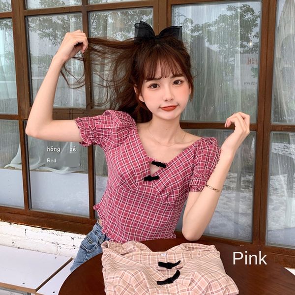 

plaid women's clothing v-neck ladies sweet crop blouses fashion brand vintage shirts puff sleeve blusas mujer de moda, White