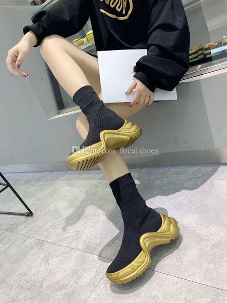 

designer archlight sneakers women archlight sock boots slip-on knit ankle boots fashion luxury lady golden wave-shaped winter boot, Black