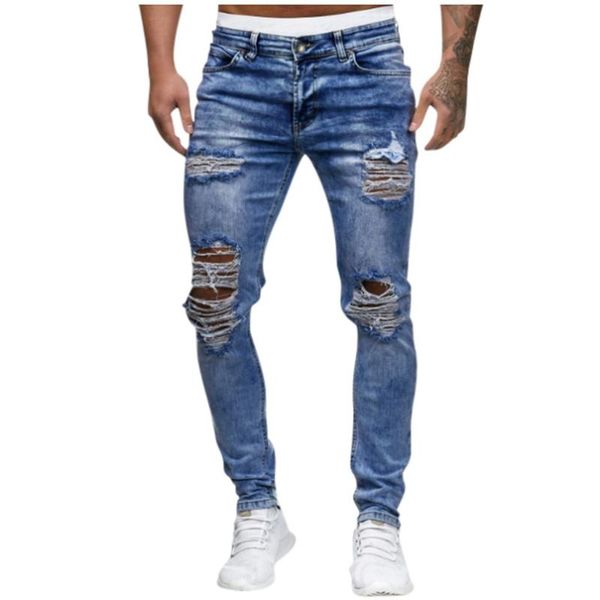 

2020 new men's fashion denim hole trouser stretch pants ripped broken man torn slim skinny denim biker jeans streetwear trousers, Blue